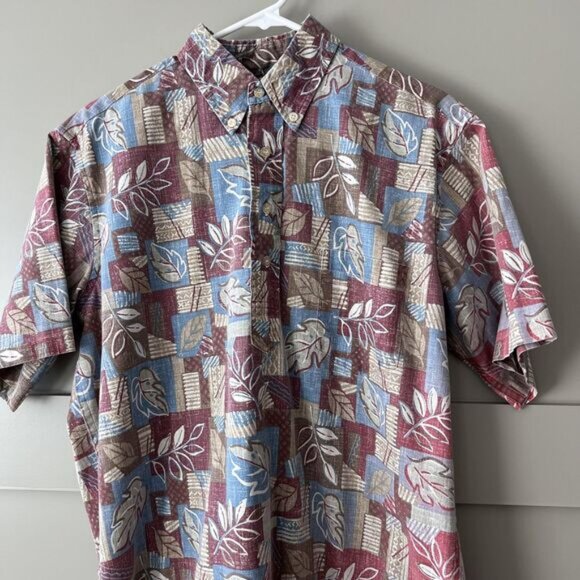 Vintage Reyn Spooner Shirt Mens Medium Hawaiian Leaf Print Aloha 90s Geometric - Picture 2 of 11
